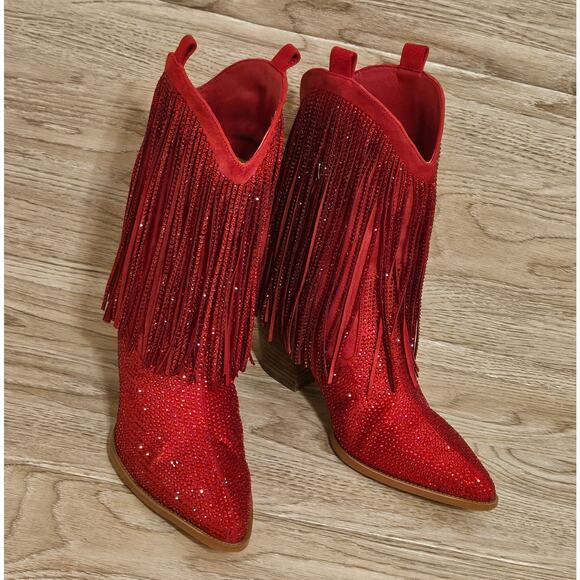 Rhinestone Western Cowboy Boots Fringe Pointed Toe Glitter Tassels Womens 7.5 - Picture 3 of 9